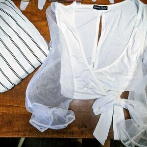 Shein White Wrap Top with Sheer Sleeves And Matching Pants